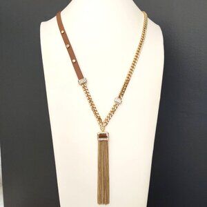 WHBM long leather and chain tassel necklace